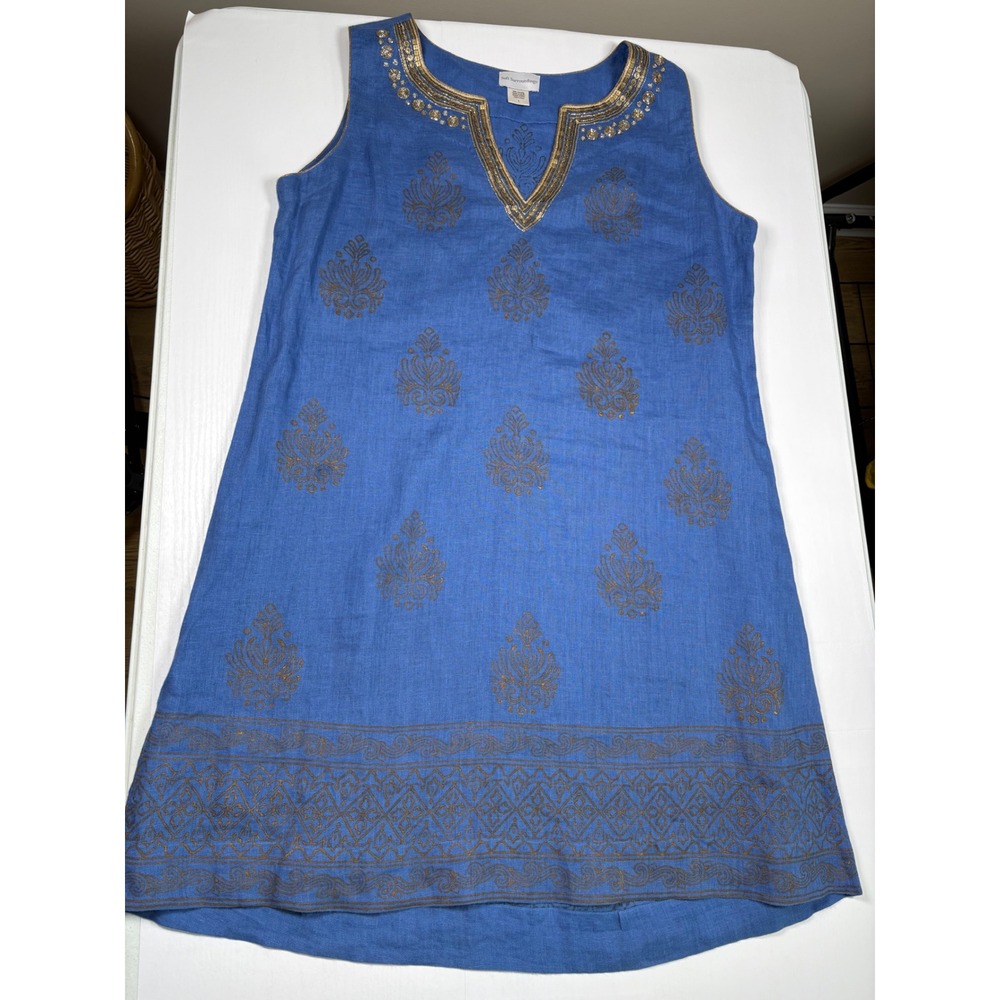 Soft Surroundings Blue Linen Gold Sequin Block Print Shift Dress L Coastal Boho - Picture 4 of 10